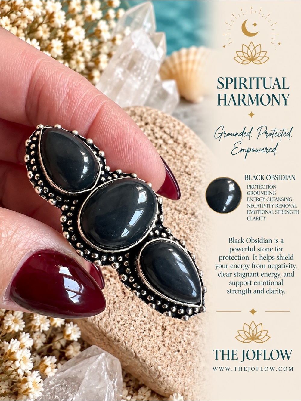 925 Spiritual Protection Black Obsidian Long Ring 5